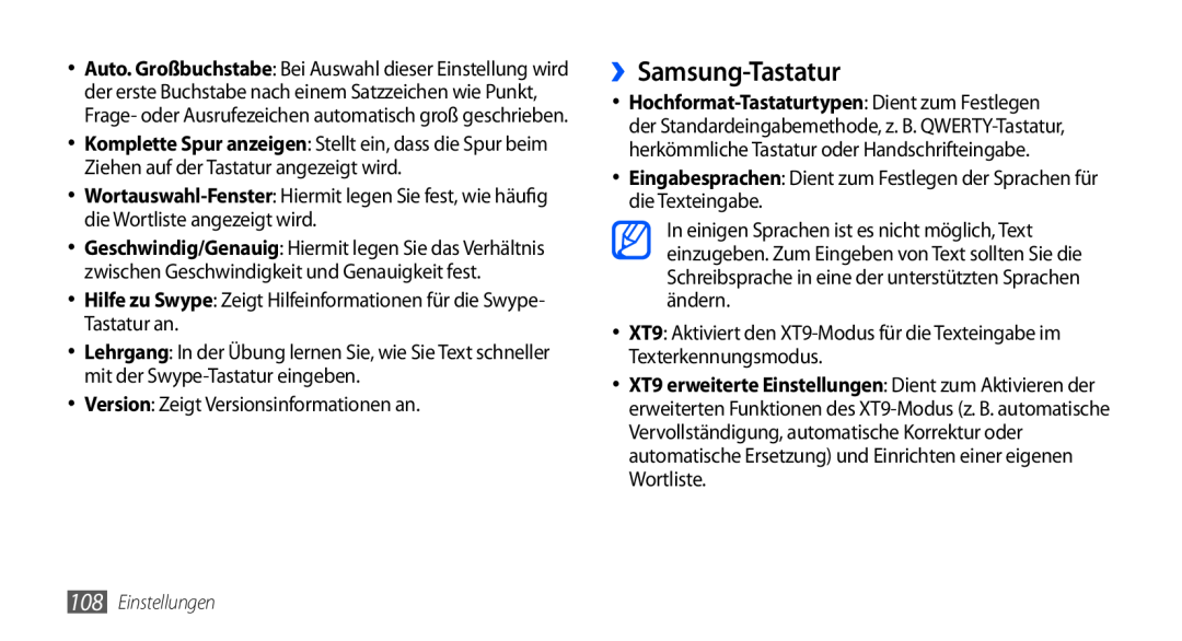 Samsung GT-S5570CWADTR manual ››Samsung-Tastatur, Hilfe zu Swype Zeigt Hilfeinformationen für die Swype- Tastatur an 