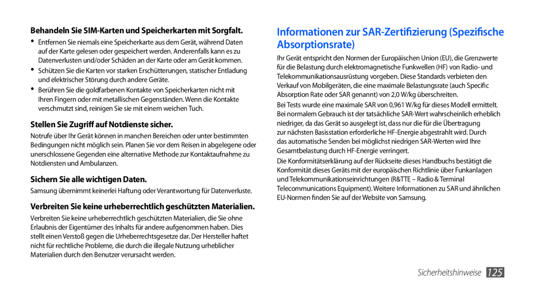 Samsung GT-S5570AAATUR Informationen zur SAR-Zertifizierung Spezifische Absorptionsrate, Sichern Sie alle wichtigen Daten 