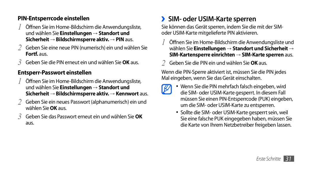 Samsung GT-S5570AAAVD2 manual ››SIM- oder USIM-Karte sperren, PIN-Entsperrcode einstellen, Entsperr-Passwort einstellen 