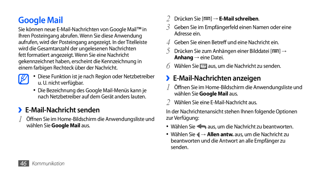 Samsung GT-S5570EGAXEG Google Mail, ››E-Mail-Nachricht senden, ››E-Mail-Nachrichten anzeigen, Adresse ein, Kommunikation 