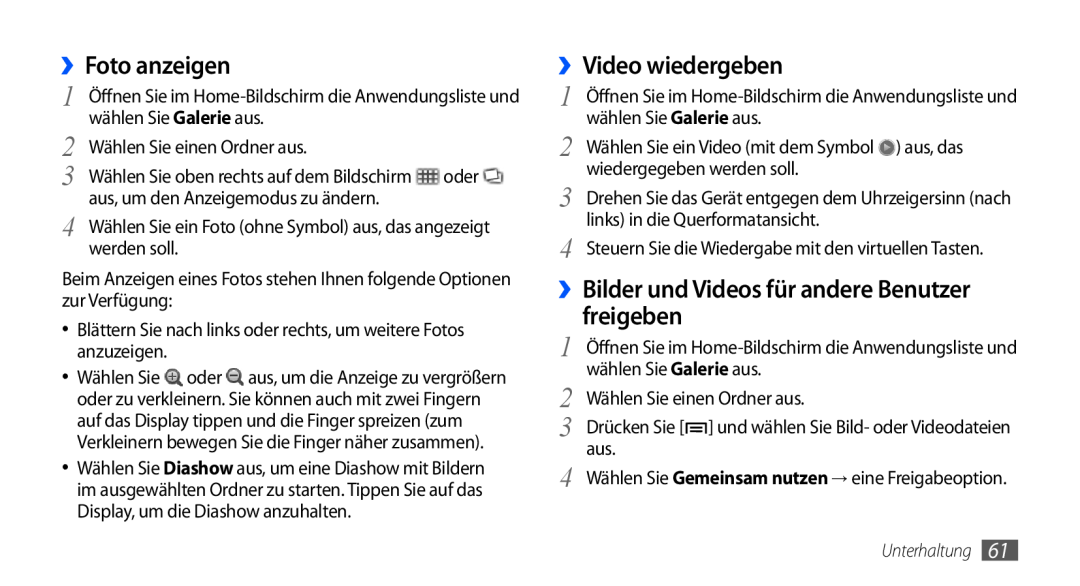 Samsung GT-S5570CWATMN manual ››Foto anzeigen, ››Video wiedergeben, ››Bilder und Videos für andere Benutzer freigeben 