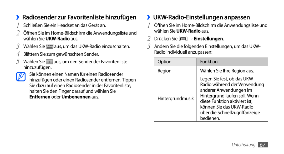 Samsung GT-S5570AAATMN, GT-S5570CWAVDR ››UKW-Radio-Einstellungen anpassen, ››Radiosender zur Favoritenliste hinzufügen 