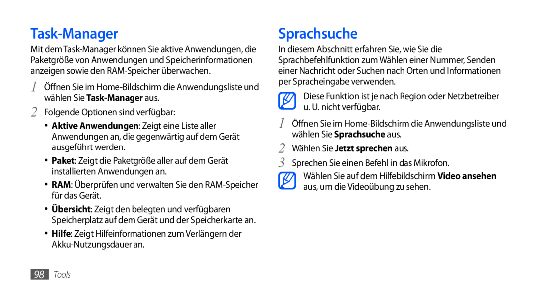 Samsung GT-S5570AAATPH manual Task-Manager, Sprachsuche, Folgende Optionen sind verfügbar, u. U. nicht verfügbar, Tools 
