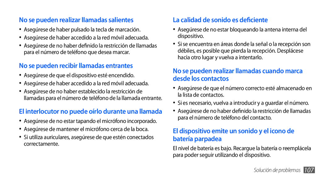 Samsung GT-S5570CWAAMN manual No se pueden realizar llamadas salientes, Asegúrese de que el dispositivo esté encendido 