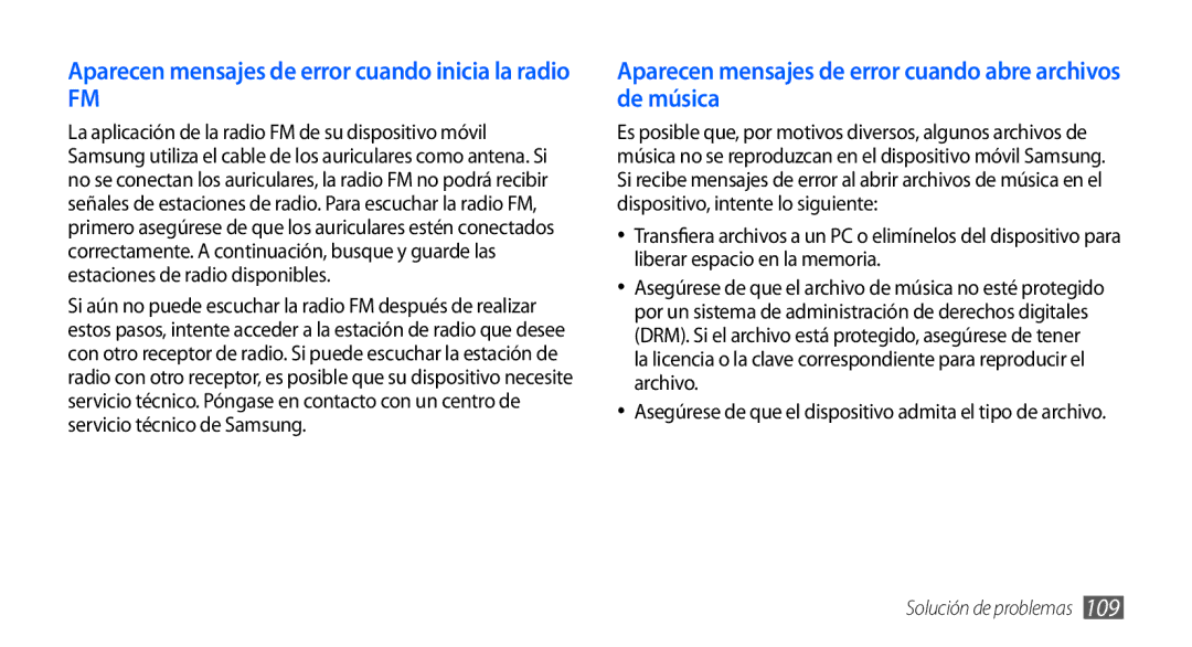 Samsung GT-S5570AAZFOP, GT-S5570CWAYOG, GT-S5570AAAXSO manual Aparecen mensajes de error cuando abre archivos de música 