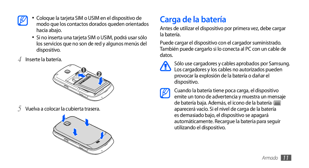 Samsung GT-S5570CWAXEC, GT-S5570CWAYOG, GT-S5570AAAXSO, GT-S5570AAAYOG, GT-S5570CWAATL, GT-S5570EGAATL Carga de la batería 