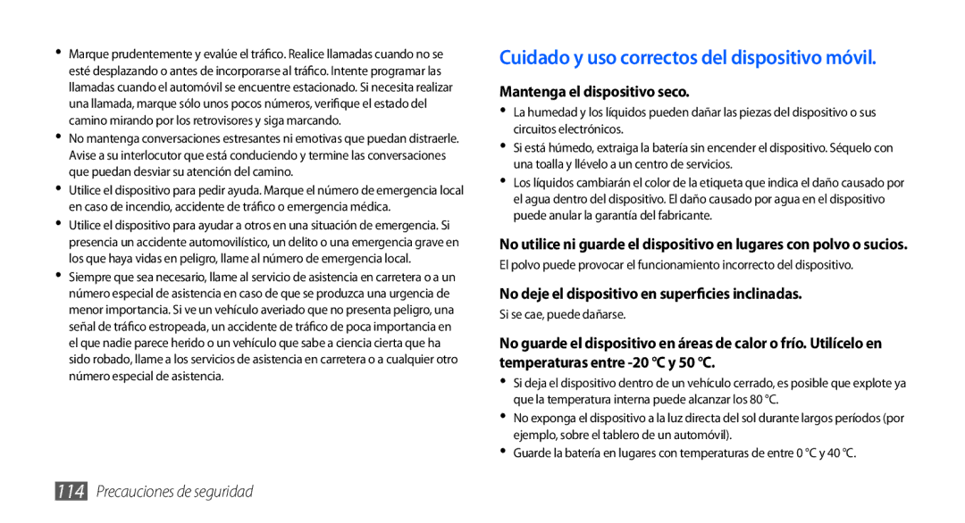 Samsung GT-S5570CWAYOG, GT-S5570AAAXSO, GT-S5570AAAYOG, GT-S5570CWAATL manual Cuidado y uso correctos del dispositivo móvil 