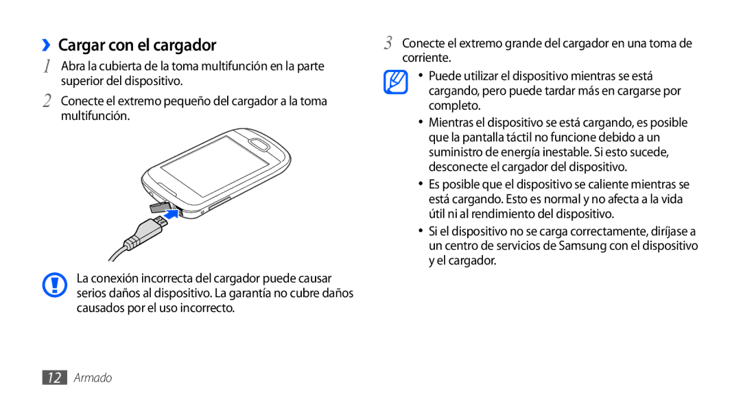 Samsung GT-S5570CWAAMN, GT-S5570CWAYOG, GT-S5570AAAXSO, GT-S5570AAAYOG, GT-S5570CWAATL manual ››Cargar con el cargador 