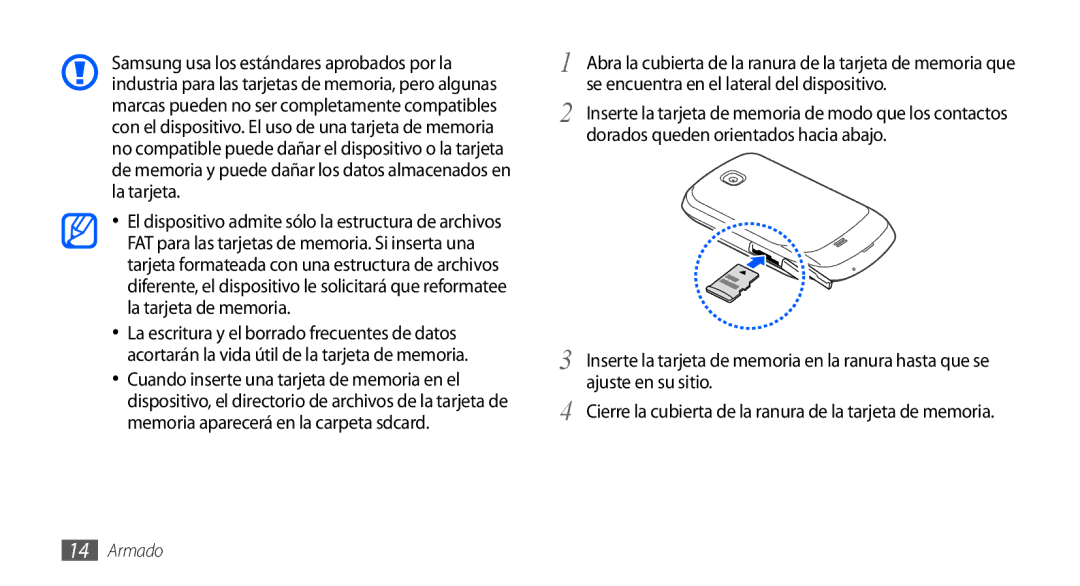 Samsung GT-S5570AAZFOP, GT-S5570CWAYOG, GT-S5570AAAXSO manual Cierre la cubierta de la ranura de la tarjeta de memoria 