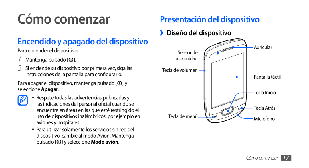 Samsung GT-S5570EGAFOP Cómo comenzar, Presentación del dispositivo, ››Diseño del dispositivo, Para encender el dispositivo 