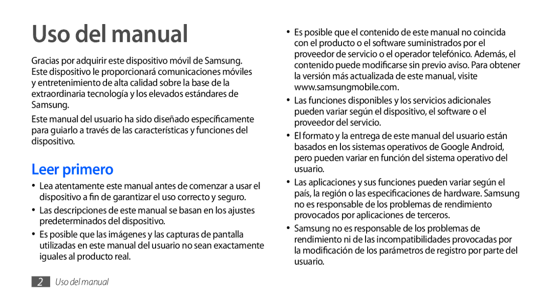 Samsung GT-S5570AAAYOG, GT-S5570CWAYOG, GT-S5570AAAXSO, GT-S5570CWAATL, GT-S5570EGAATL Uso del manual, Leer primero 