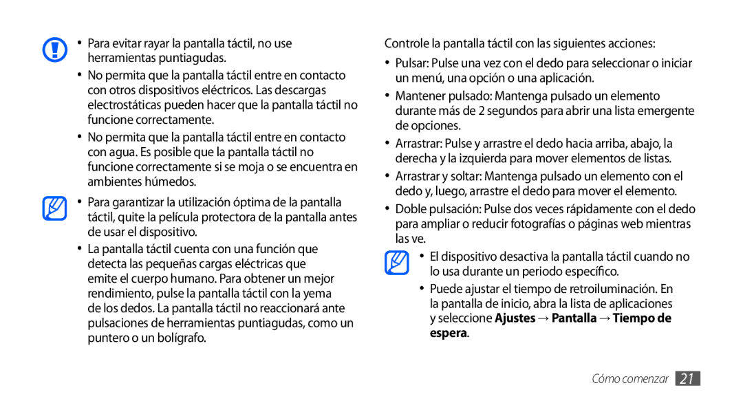 Samsung GT-S5570AAAYOG, GT-S5570CWAYOG, GT-S5570AAAXSO manual Controle la pantalla táctil con las siguientes acciones 