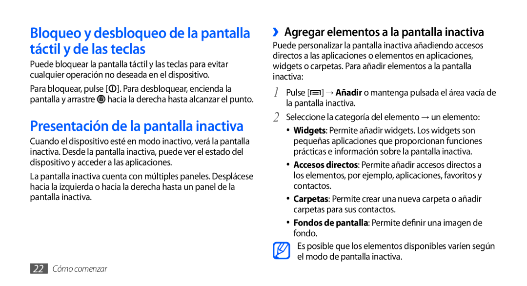 Samsung GT-S5570CWAATL, GT-S5570CWAYOG Bloqueo y desbloqueo de la pantalla táctil y de las teclas, La pantalla inactiva 