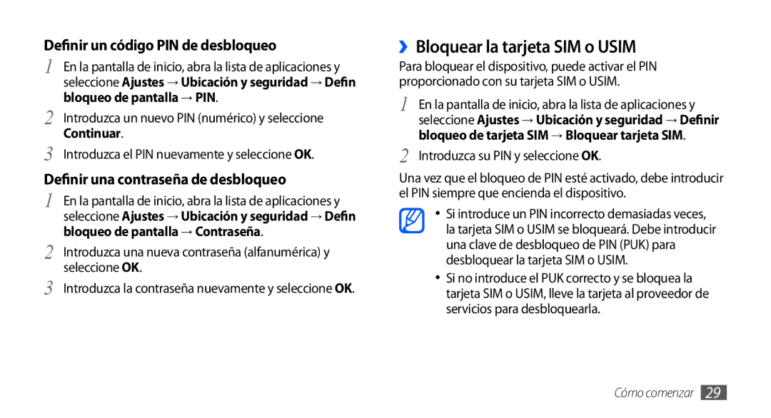 Samsung GT-S5570AAAFOP, GT-S5570CWAYOG manual ››Bloquear la tarjeta SIM o Usim, Bloqueo de pantalla → PIN, Continuar 