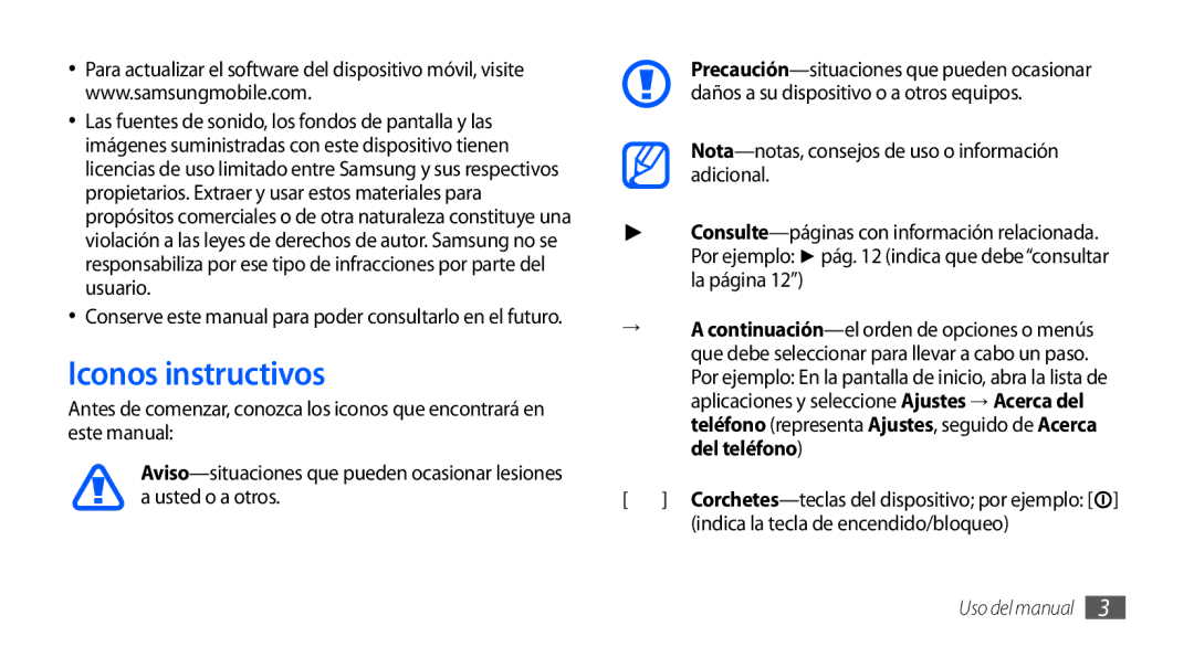 Samsung GT-S5570CWAATL, GT-S5570CWAYOG manual Iconos instructivos, Nota-notas, consejos de uso o información adicional 