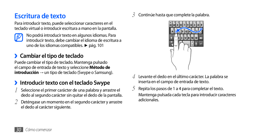 Samsung GT-S5570CWAXEC manual Escritura de texto, ››Cambiar el tipo de teclado, ››Introducir texto con el teclado Swype 