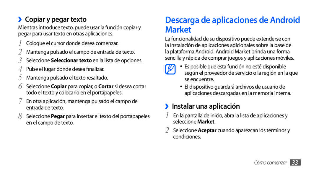 Samsung GT-S5570AAZFOP manual Descarga de aplicaciones de Android Market, ››Copiar y pegar texto, ››Instalar una aplicación 