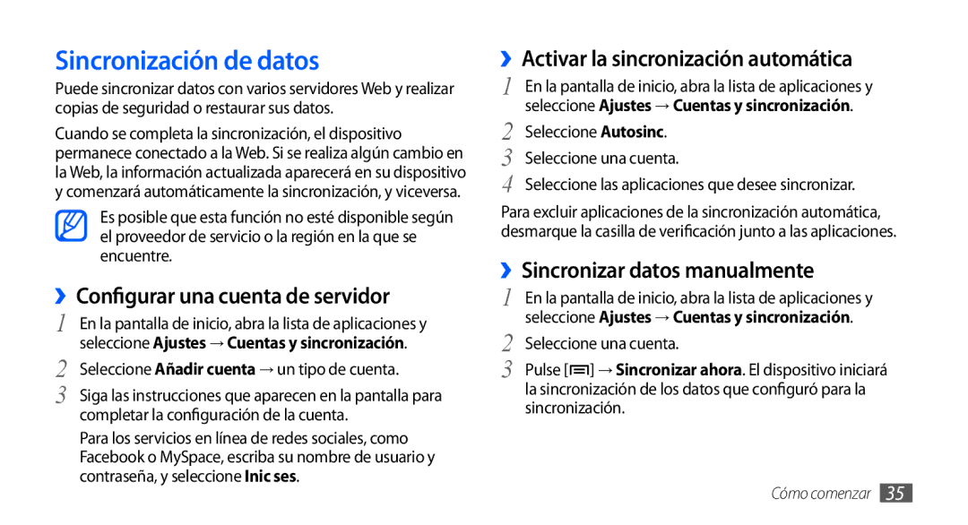 Samsung GT-S5570EGAXEC Sincronización de datos, ››Configurar una cuenta de servidor, ››Sincronizar datos manualmente 