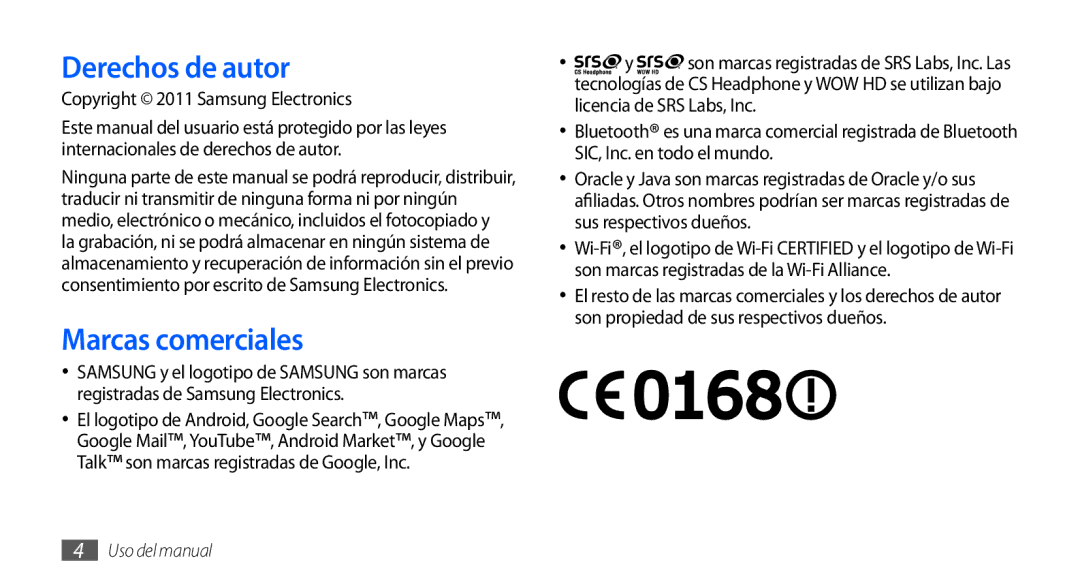 Samsung GT-S5570EGAATL, GT-S5570CWAYOG manual Derechos de autor, Marcas comerciales, Copyright 2011 Samsung Electronics 