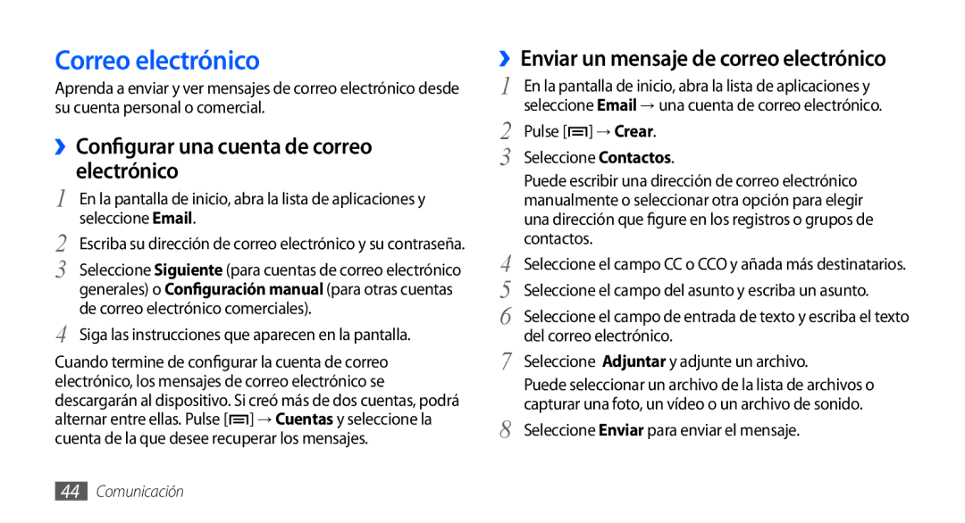 Samsung GT-S5570AAAAMN, GT-S5570CWAYOG, GT-S5570AAAXSO Correo electrónico, ››Configurar una cuenta de correo electrónico 