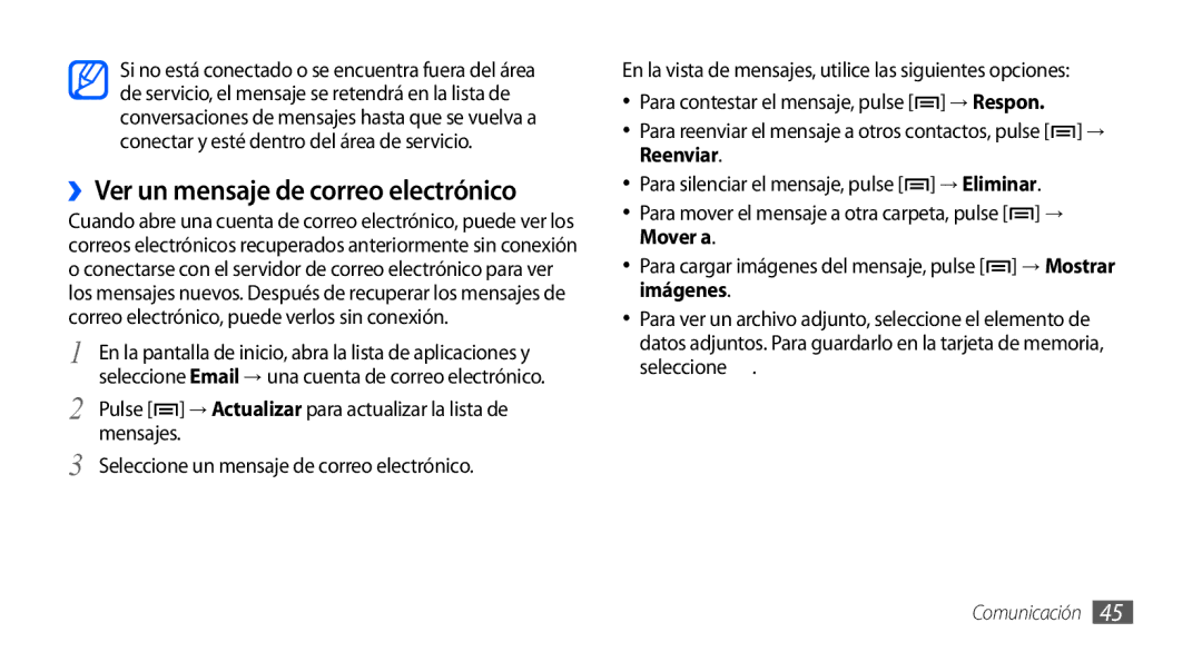 Samsung GT-S5570CWAFOP, GT-S5570CWAYOG, GT-S5570AAAXSO, GT-S5570AAAYOG manual ››Ver un mensaje de correo electrónico, Mensajes 