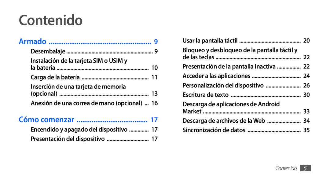 Samsung GT-S5570EGAAMN manual Contenido, Instalación de la tarjeta SIM o Usim y, Inserción de una tarjeta de memoria 