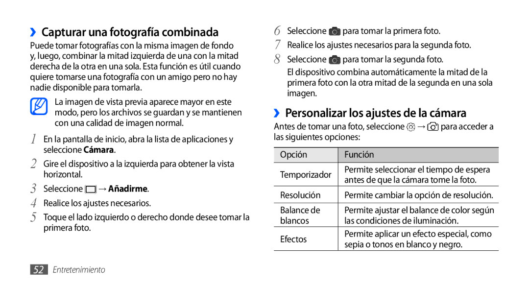 Samsung GT-S5570AAZFOP manual ››Capturar una fotografía combinada, ››Personalizar los ajustes de la cámara, Balance de 