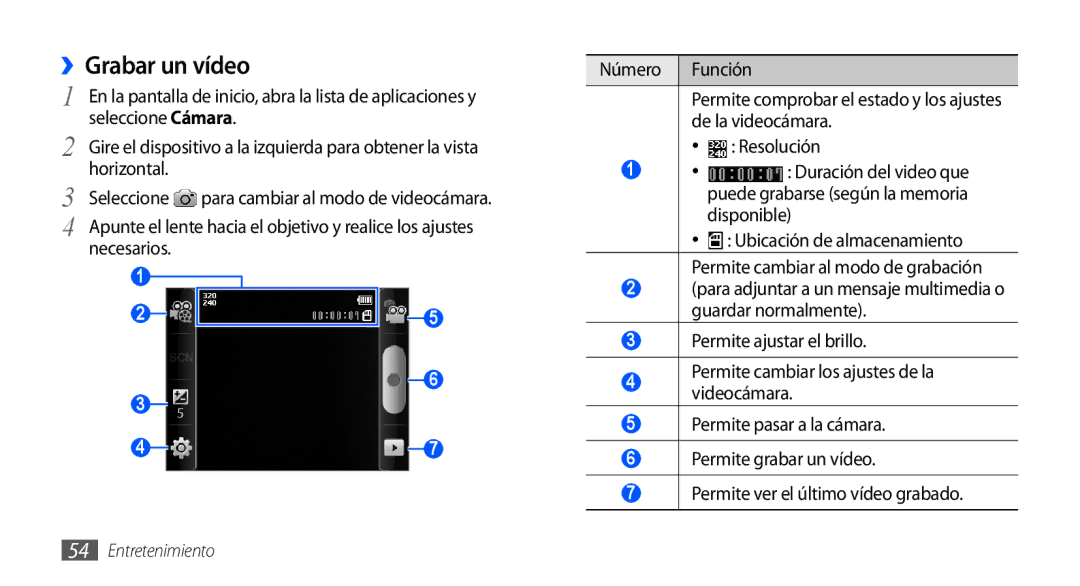 Samsung GT-S5570EGAXEC, GT-S5570CWAYOG, GT-S5570AAAXSO, GT-S5570AAAYOG manual ››Grabar un vídeo, Horizontal Seleccione 