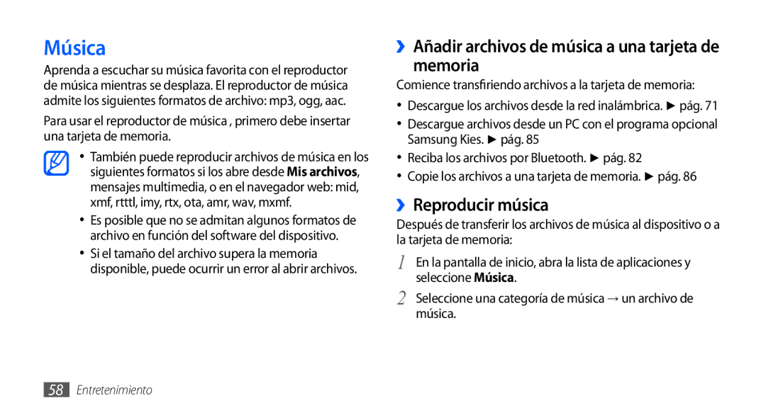 Samsung GT-S5570AAAXSO, GT-S5570CWAYOG Música, ››Añadir archivos de música a una tarjeta de memoria, ››Reproducir música 