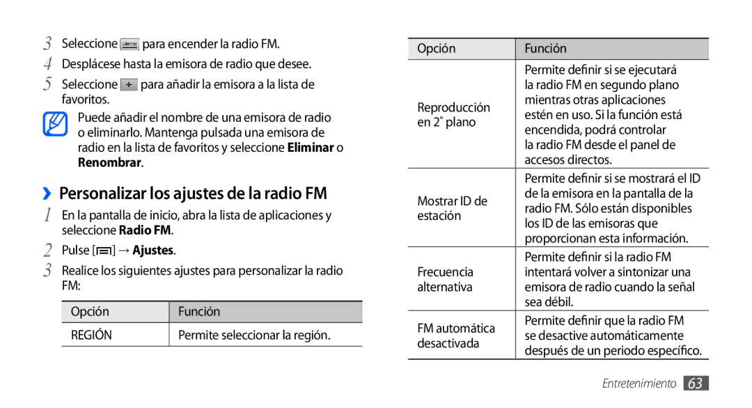 Samsung GT-S5570AAAAMN, GT-S5570CWAYOG, GT-S5570AAAXSO, GT-S5570AAAYOG manual ››Personalizar los ajustes de la radio FM 