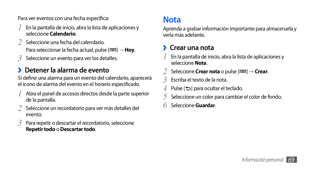 Samsung GT-S5570CWAAMN Nota, ››Detener la alarma de evento, ››Crear una nota, Seleccione un evento para ver los detalles 