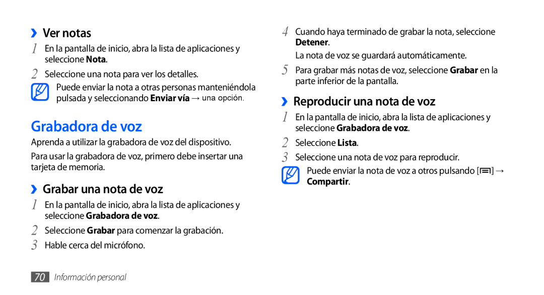 Samsung GT-S5570EGAYOG manual Grabadora de voz, ››Ver notas, ››Grabar una nota de voz, ››Reproducir una nota de voz 