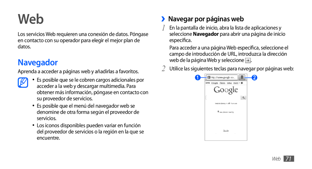 Samsung GT-S5570AAZFOP, GT-S5570CWAYOG, GT-S5570AAAXSO, GT-S5570AAAYOG manual Web, Navegador, ››Navegar por páginas web 