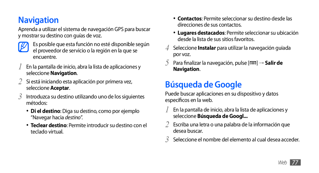 Samsung GT-S5570AAAXSO, GT-S5570CWAYOG, GT-S5570AAAYOG manual Navigation, Búsqueda de Google, Seleccione Búsqueda de Googl 