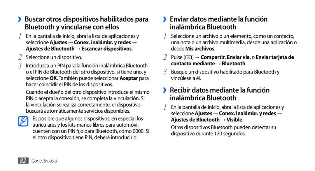 Samsung GT-S5570AAAAMN manual Bluetooth y vincularse con ellos, ››Enviar datos mediante la función inalámbrica Bluetooth 