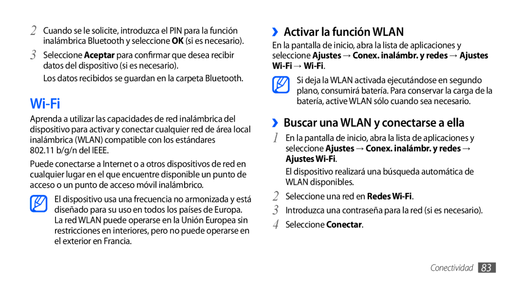 Samsung GT-S5570CWAFOP, GT-S5570CWAYOG manual Wi-Fi, ››Activar la función Wlan, ››Buscar una Wlan y conectarse a ella 