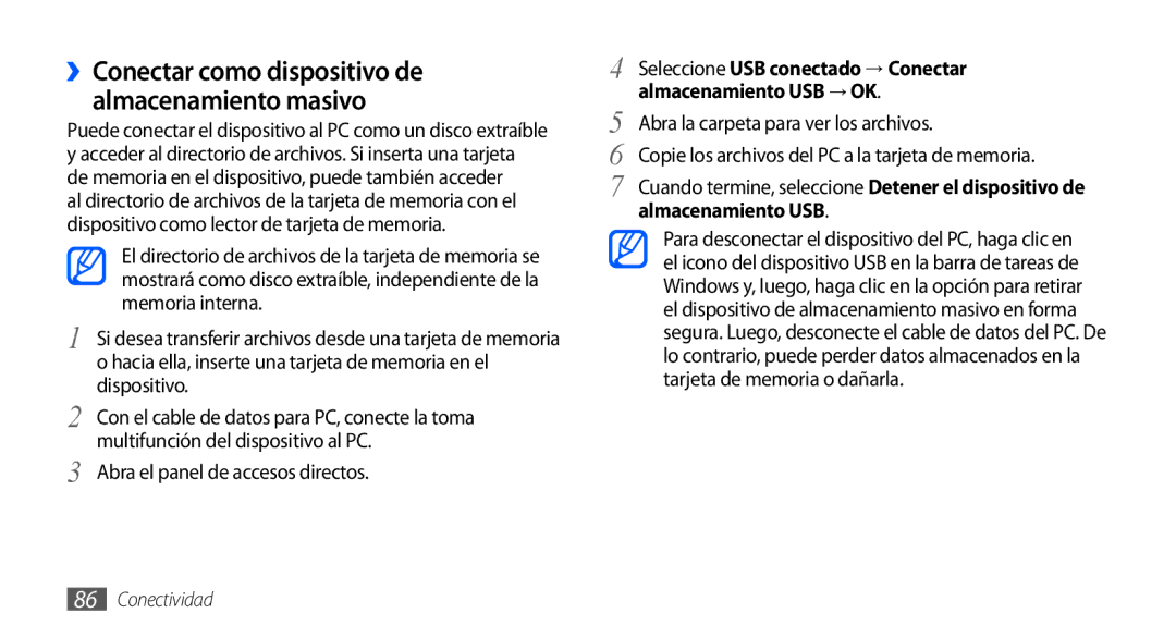 Samsung GT-S5570AAAFOP Memoria interna, Dispositivo, Multifunción del dispositivo al PC, Abra el panel de accesos directos 