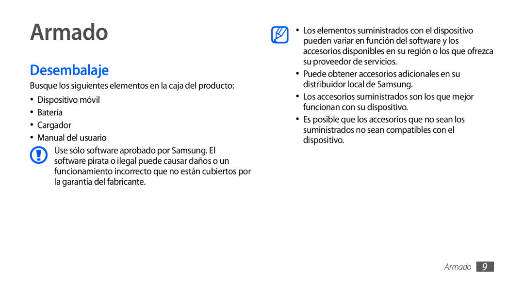 Samsung GT-S5570MAAAMN, GT-S5570CWAYOG, GT-S5570AAAXSO, GT-S5570AAAYOG, GT-S5570CWAATL, GT-S5570EGAATL Armado, Desembalaje 