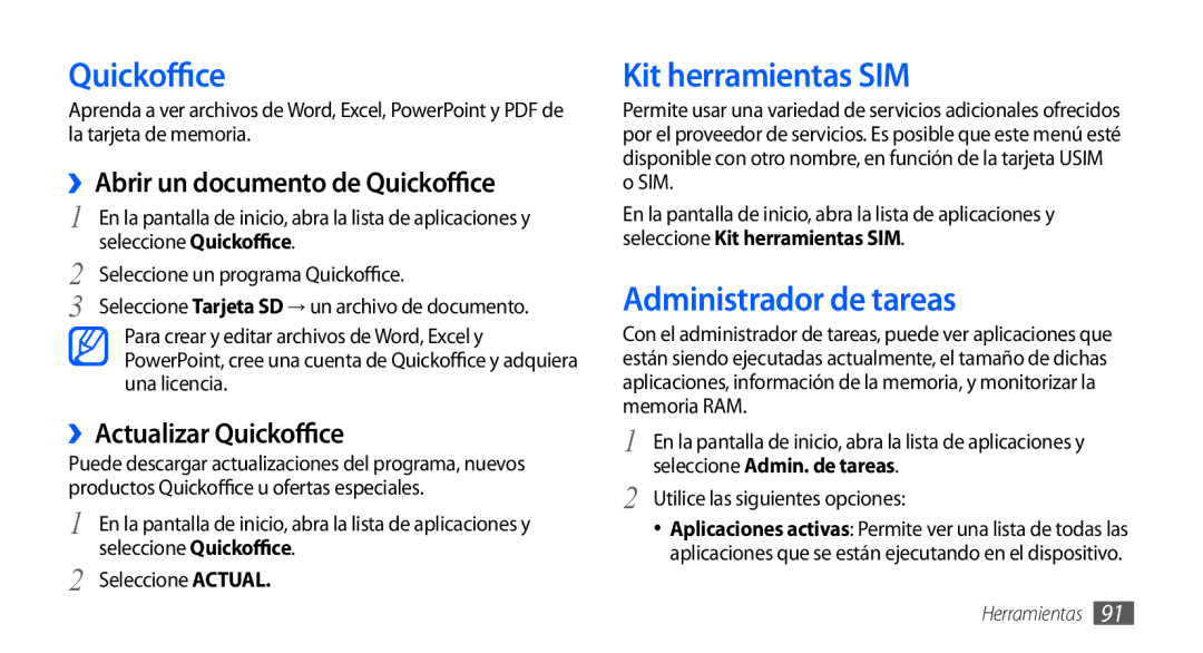 Samsung GT-S5570AAAATL manual Kit herramientas SIM, Administrador de tareas, ››Abrir un documento de Quickoffice 