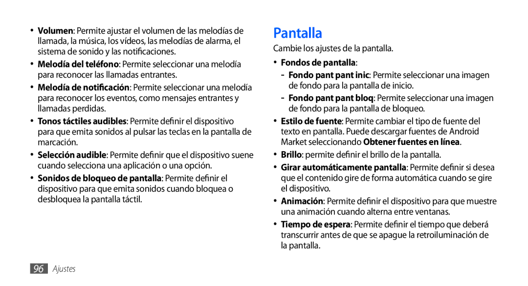 Samsung GT-S5570AAAXSO, GT-S5570CWAYOG, GT-S5570AAAYOG manual Pantalla, Cambie los ajustes de la pantalla, Fondos de pantalla 