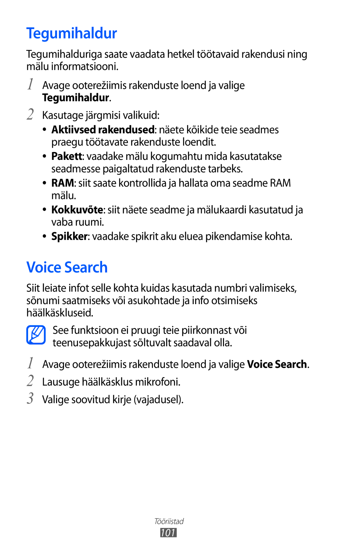 Samsung GT-S5570EGISEB, GT-S5570CWISEB, GT-S5570AAISEB manual Tegumihaldur, Voice Search 