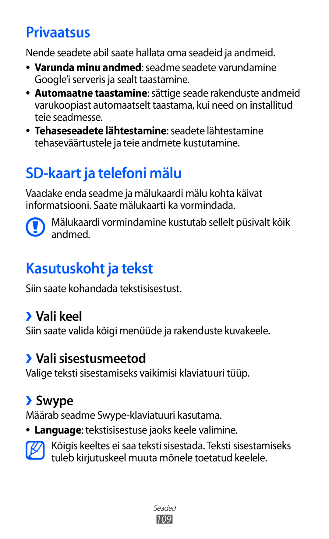 Samsung GT-S5570AAISEB, GT-S5570CWISEB, GT-S5570EGISEB manual Privaatsus, SD-kaart ja telefoni mälu, Kasutuskoht ja tekst 