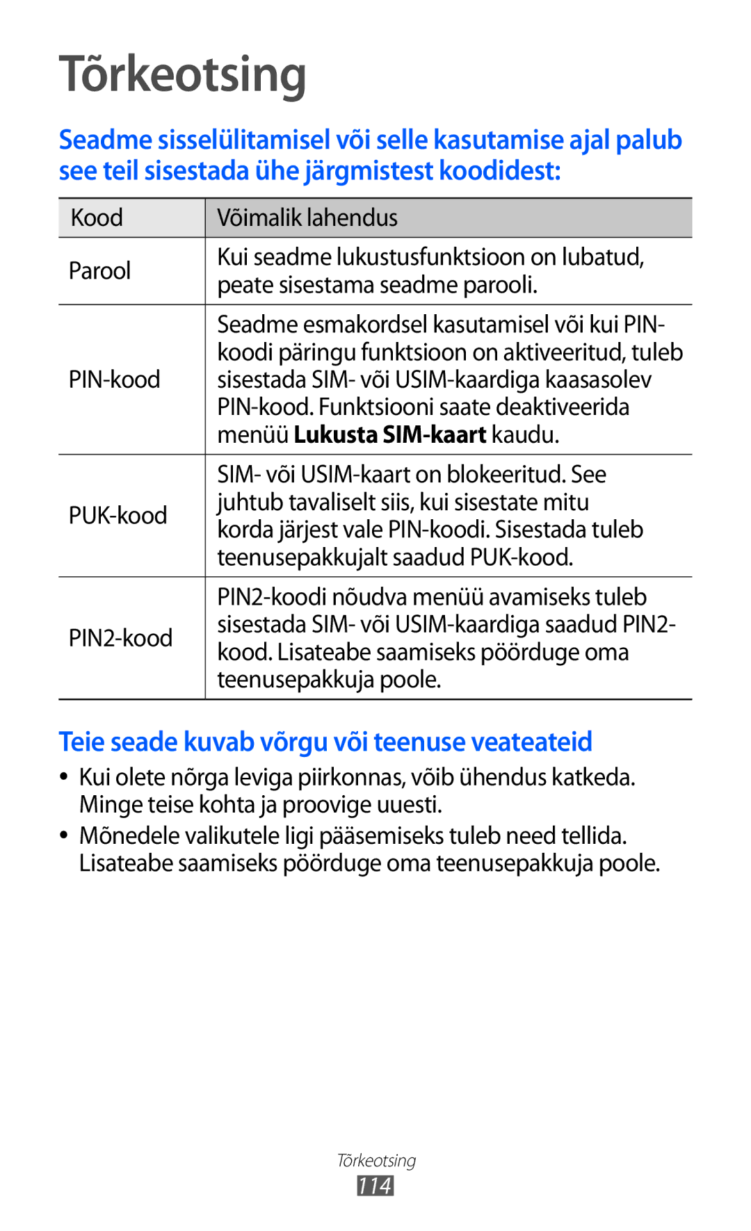 Samsung GT-S5570CWISEB, GT-S5570AAISEB, GT-S5570EGISEB manual Tõrkeotsing, Menüü Lukusta SIM-kaart kaudu 