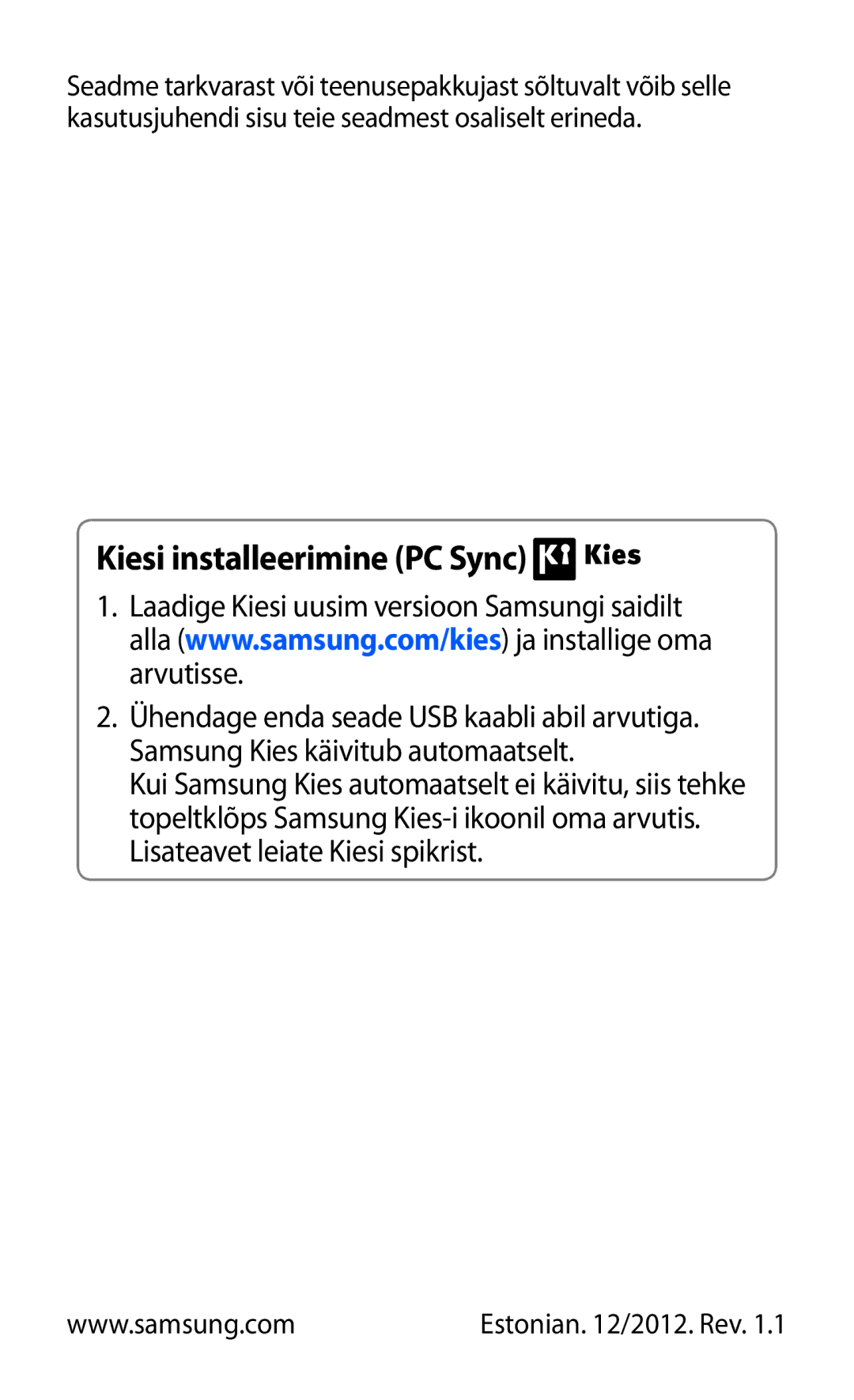 Samsung GT-S5570EGISEB, GT-S5570CWISEB, GT-S5570AAISEB manual Kiesi installeerimine PC Sync 