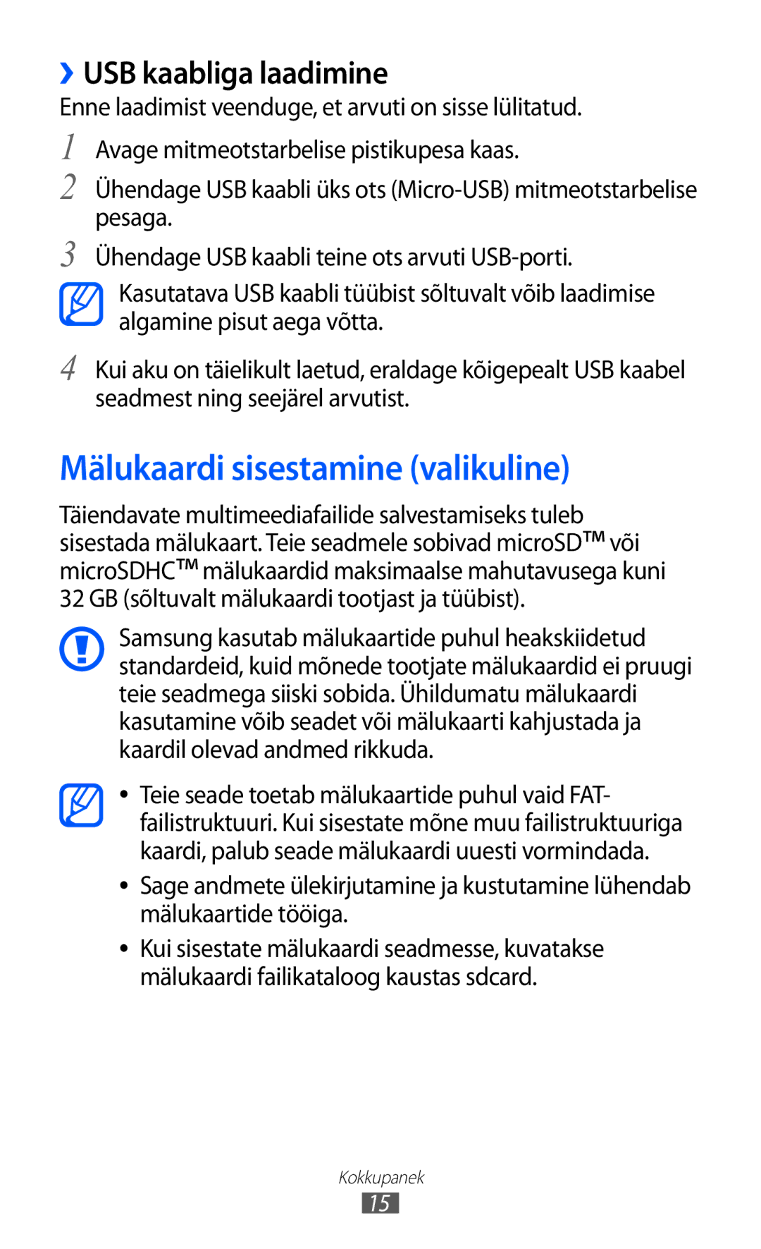 Samsung GT-S5570CWISEB, GT-S5570AAISEB, GT-S5570EGISEB manual Mälukaardi sisestamine valikuline, ››USB kaabliga laadimine 