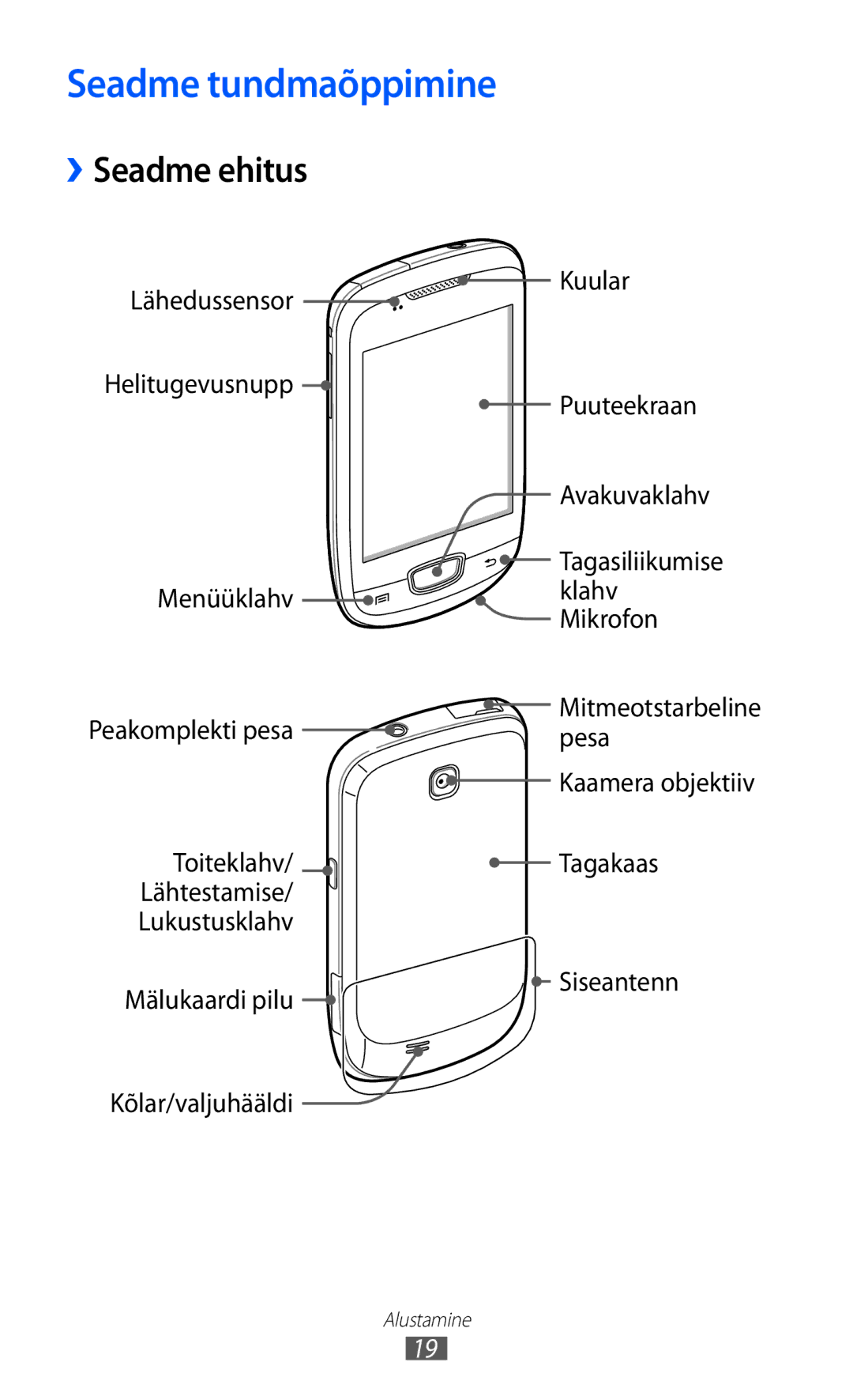 Samsung GT-S5570AAISEB, GT-S5570CWISEB, GT-S5570EGISEB manual Seadme tundmaõppimine, ››Seadme ehitus 