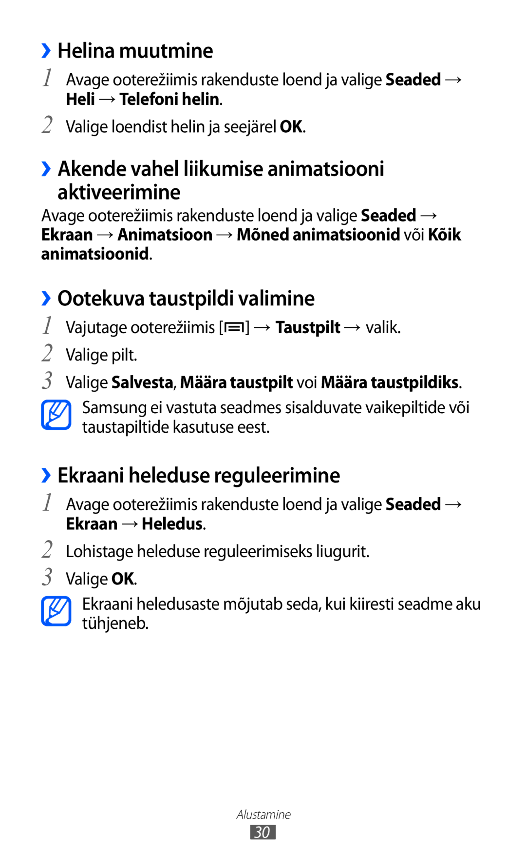 Samsung GT-S5570CWISEB manual ››Helina muutmine, ››Akende vahel liikumise animatsiooni aktiveerimine, Heli → Telefoni helin 