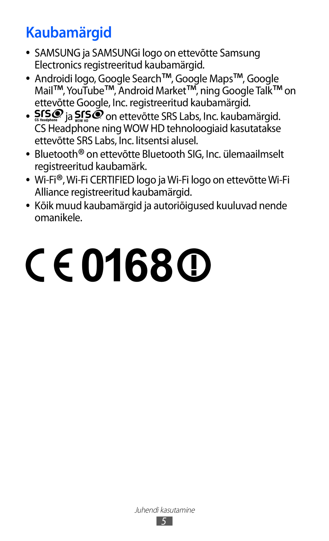 Samsung GT-S5570EGISEB, GT-S5570CWISEB, GT-S5570AAISEB manual Kaubamärgid 