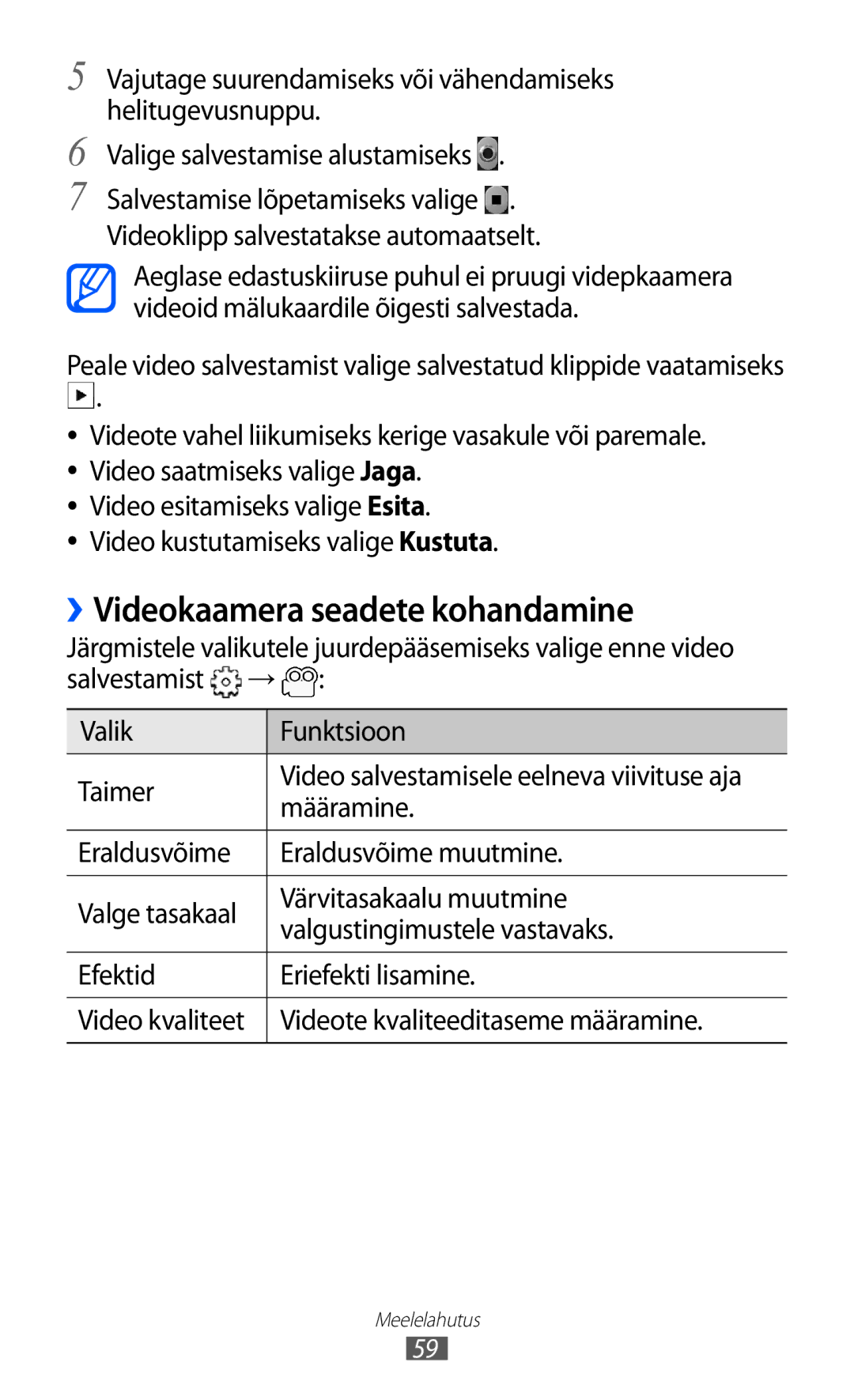 Samsung GT-S5570EGISEB, GT-S5570CWISEB, GT-S5570AAISEB manual ››Videokaamera seadete kohandamine 