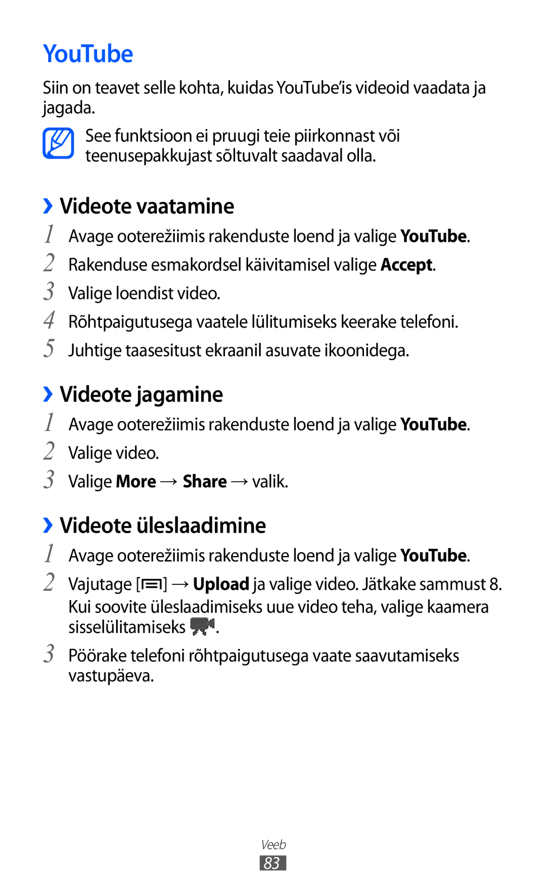 Samsung GT-S5570EGISEB, GT-S5570CWISEB manual YouTube, ››Videote vaatamine, ››Videote jagamine, ››Videote üleslaadimine 
